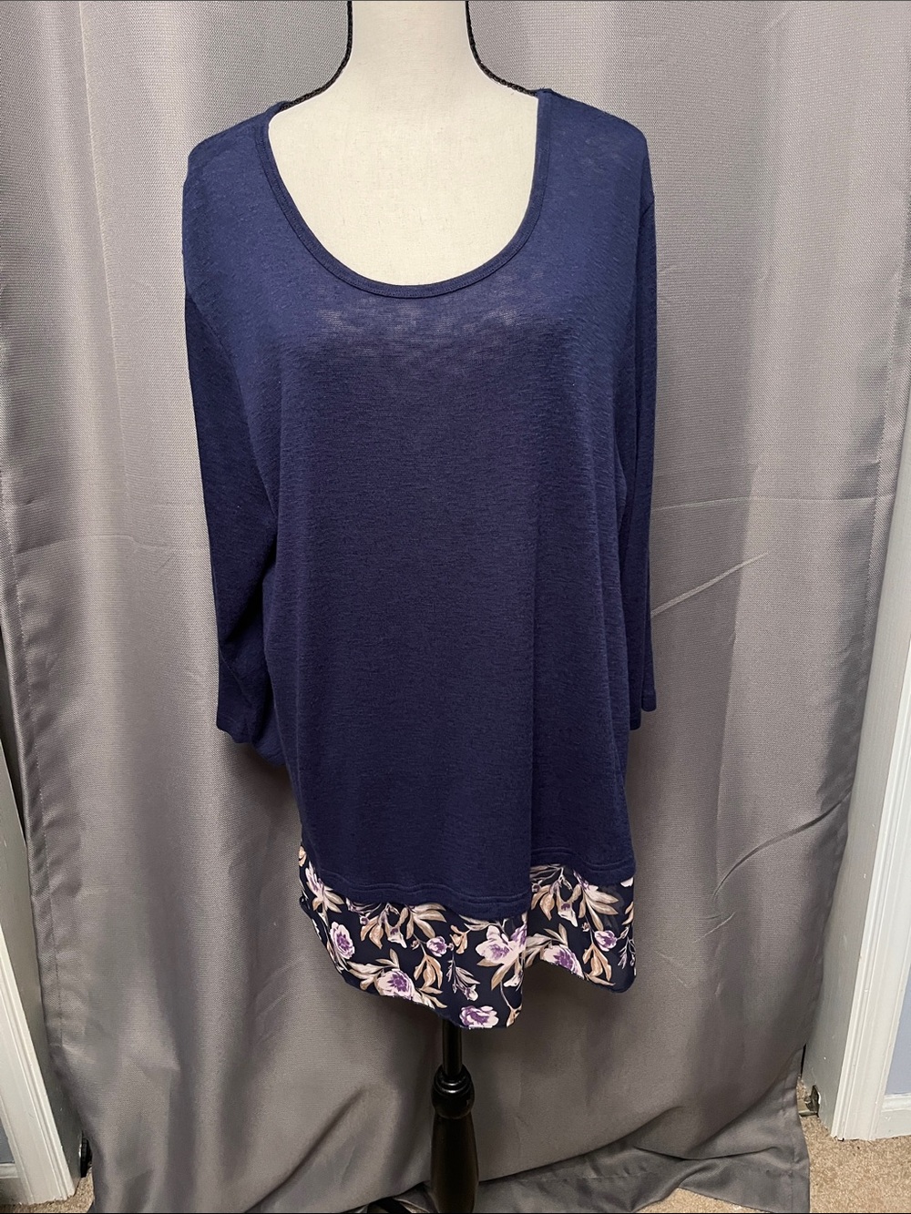 Navy Scoop-Neck Tunic with Floral Hem